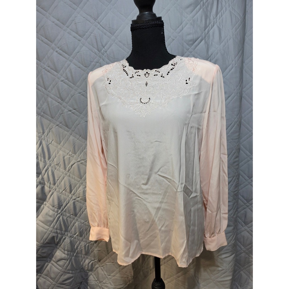 David Matthew Peach Embroidered Lace Neckline Blouse Long Sleeve Vintage Style 6